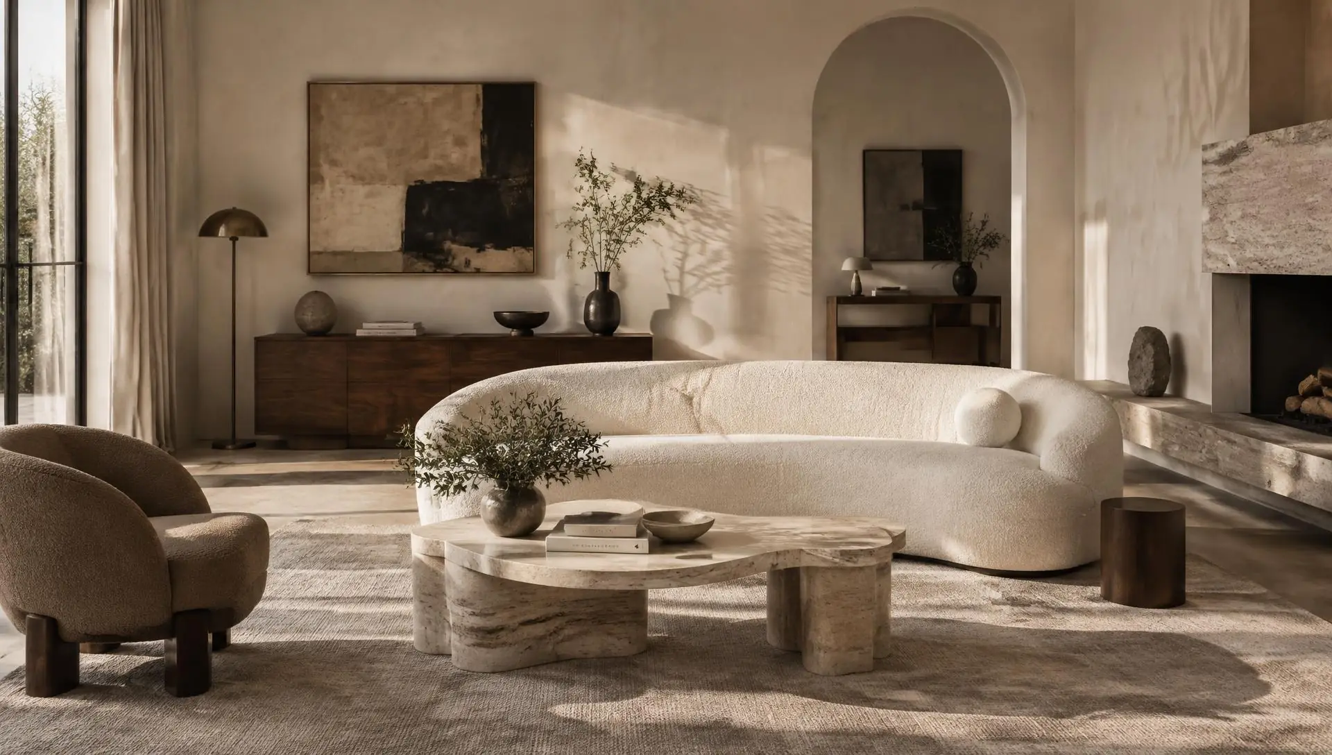 Salon contemporain avec canapé bouclé et table basse en travertin, lumière naturelle